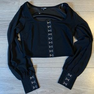 black crop top with mesh sleeves